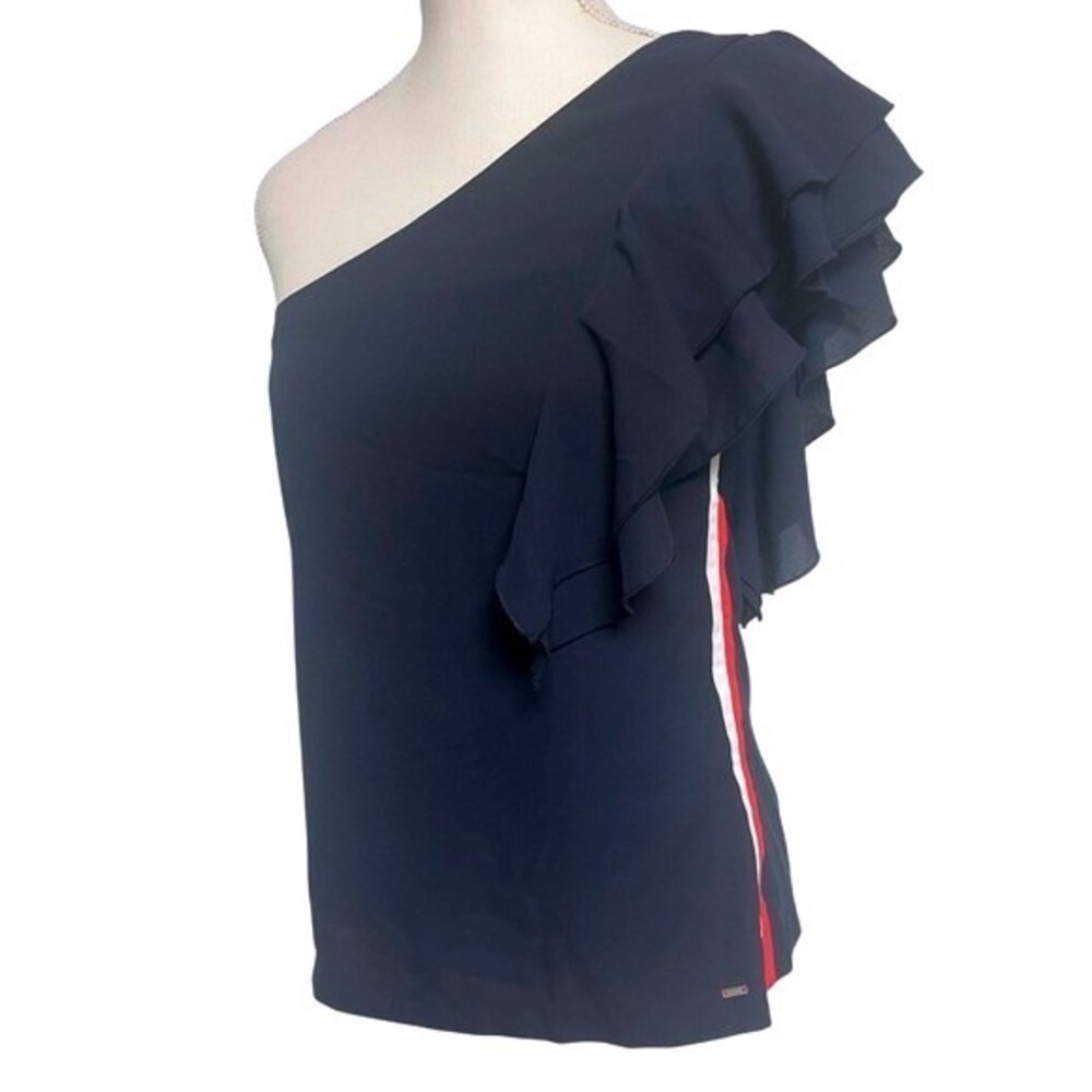 Tommy Hilfiger One Shoulder Navy Ruffle Side Stripe‎ Tank Top Womens XS